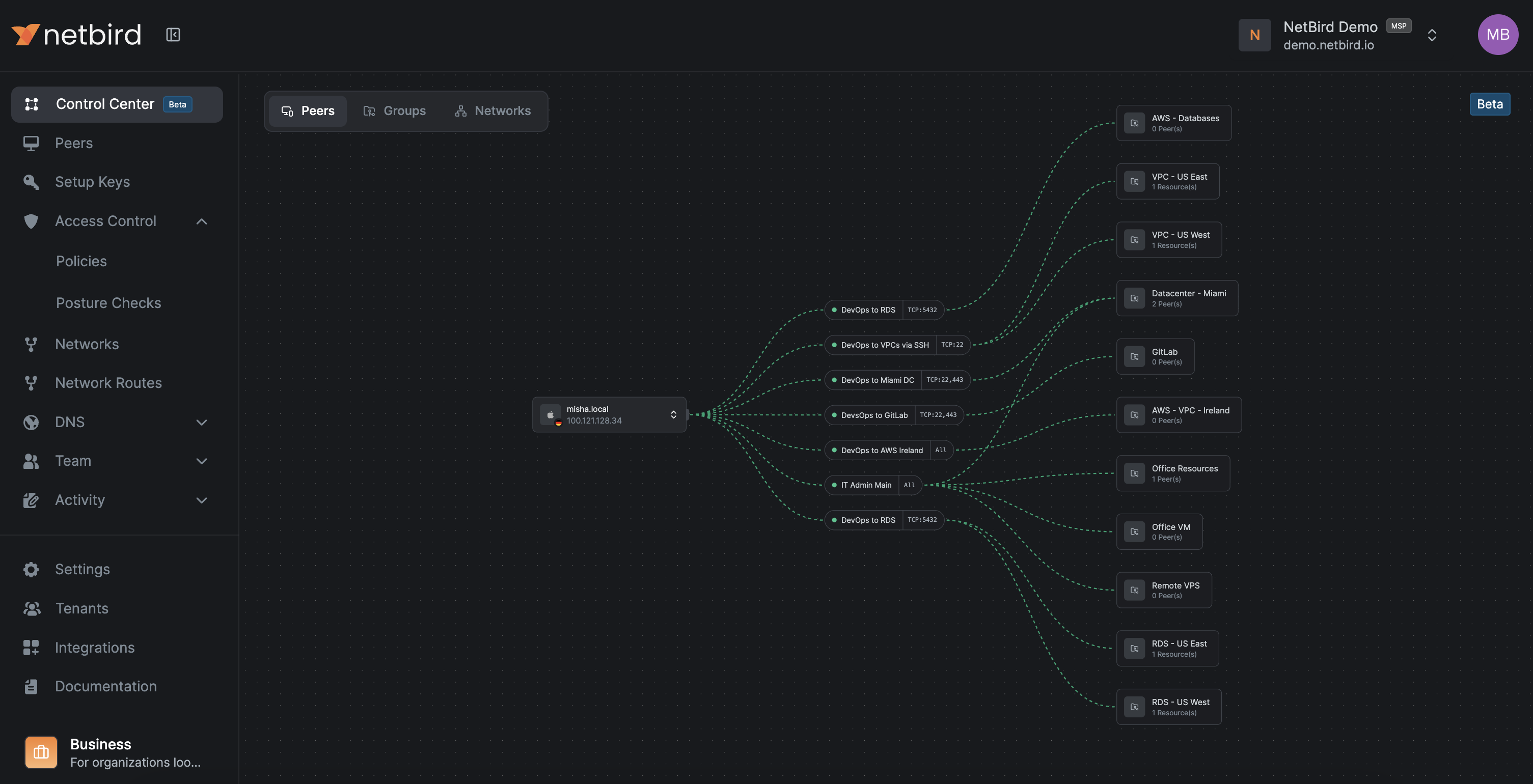 Control Center peer view showing peer access topology