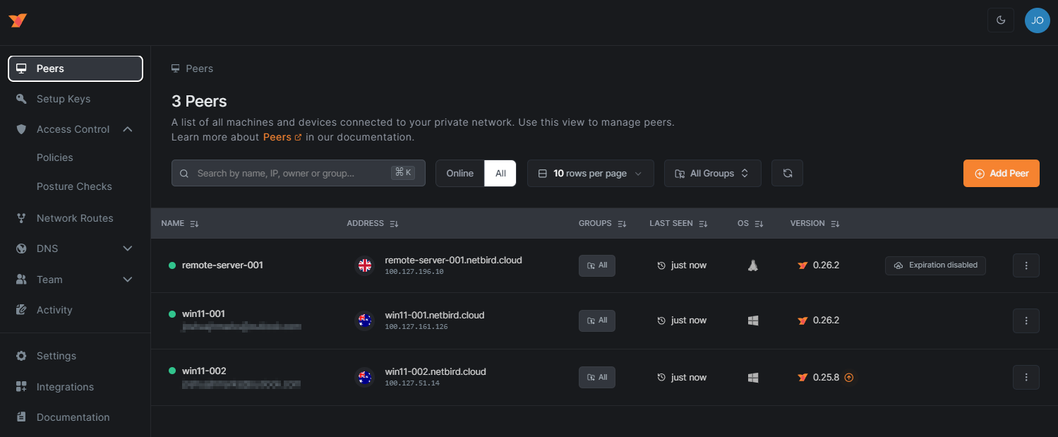 NetBird Peers dashboard with devices connected across continents