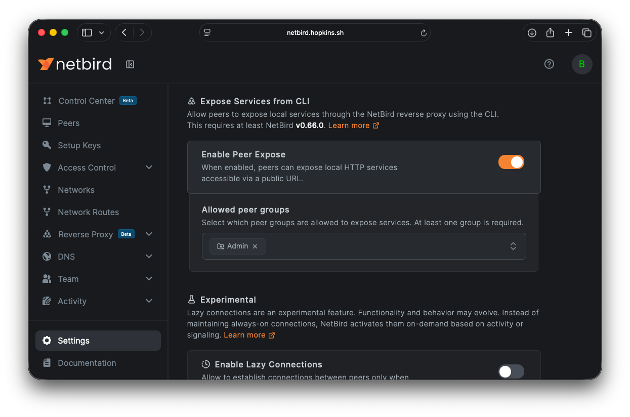 Peer Expose settings in the NetBird dashboard