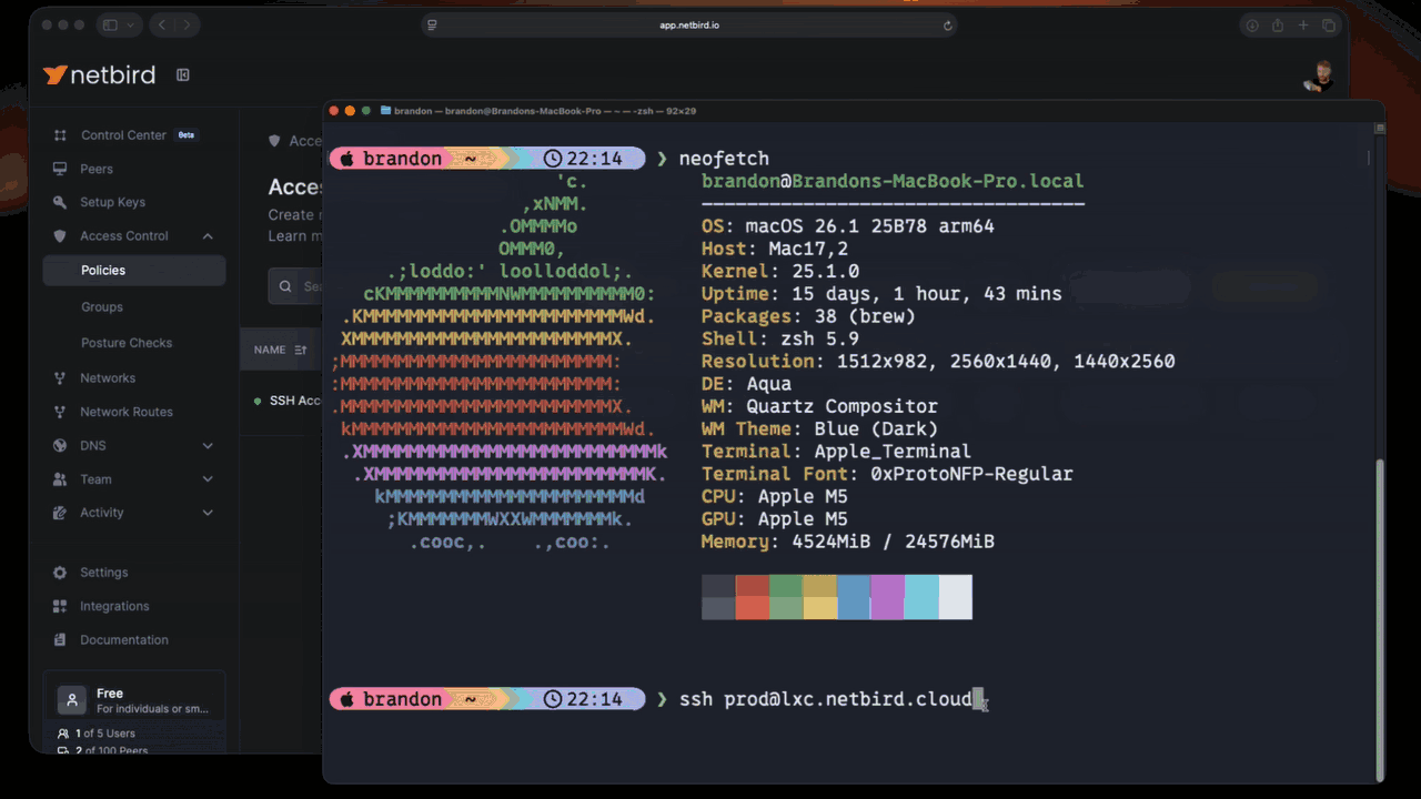 netbird ssh fine grained access policy