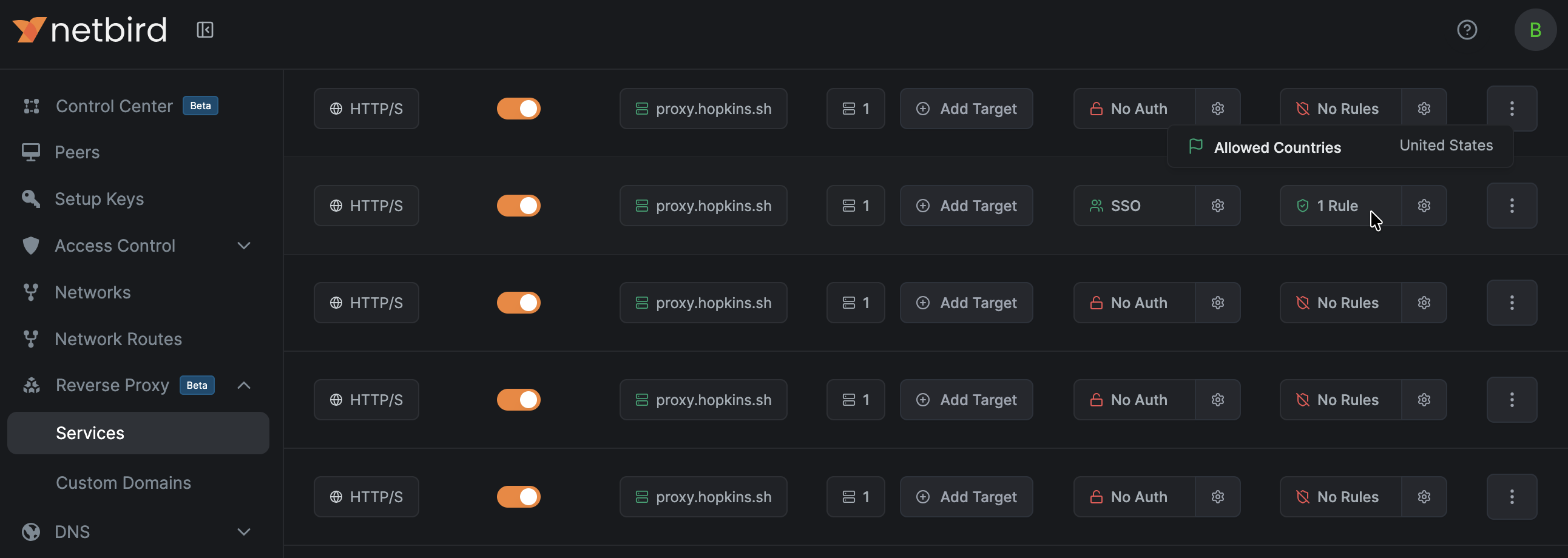 Access control status shown on the reverse proxy service list