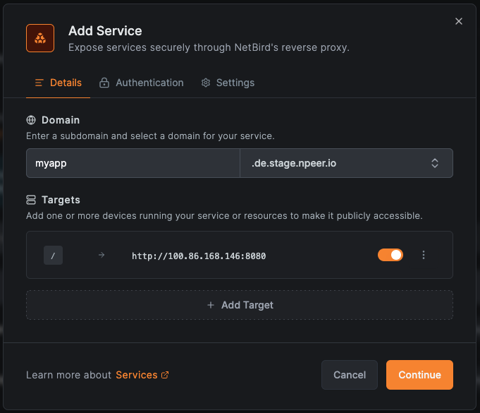 Adding a reverse proxy service in the NetBird dashboard