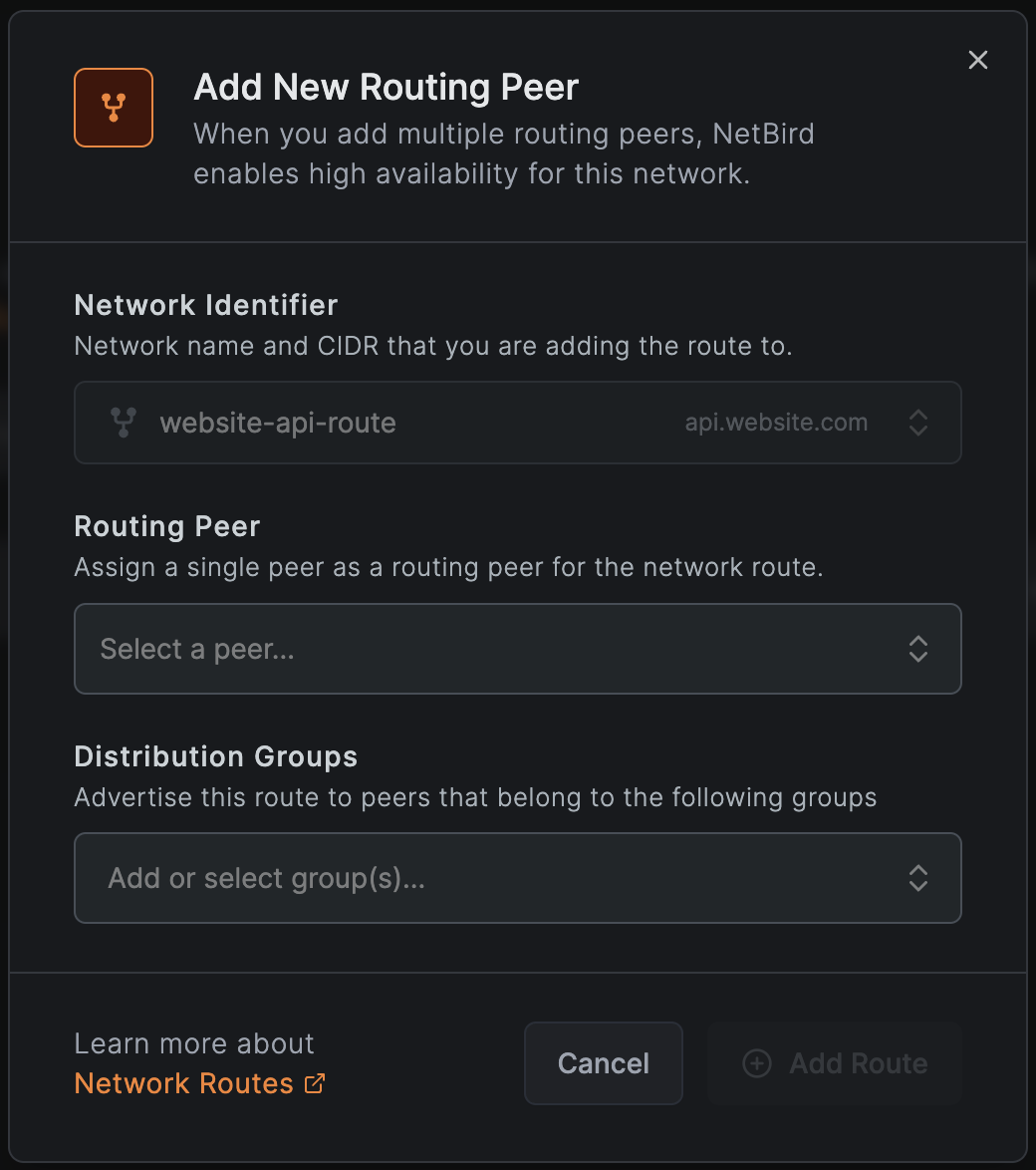 NetBird Network Routes High Availability Add Peer