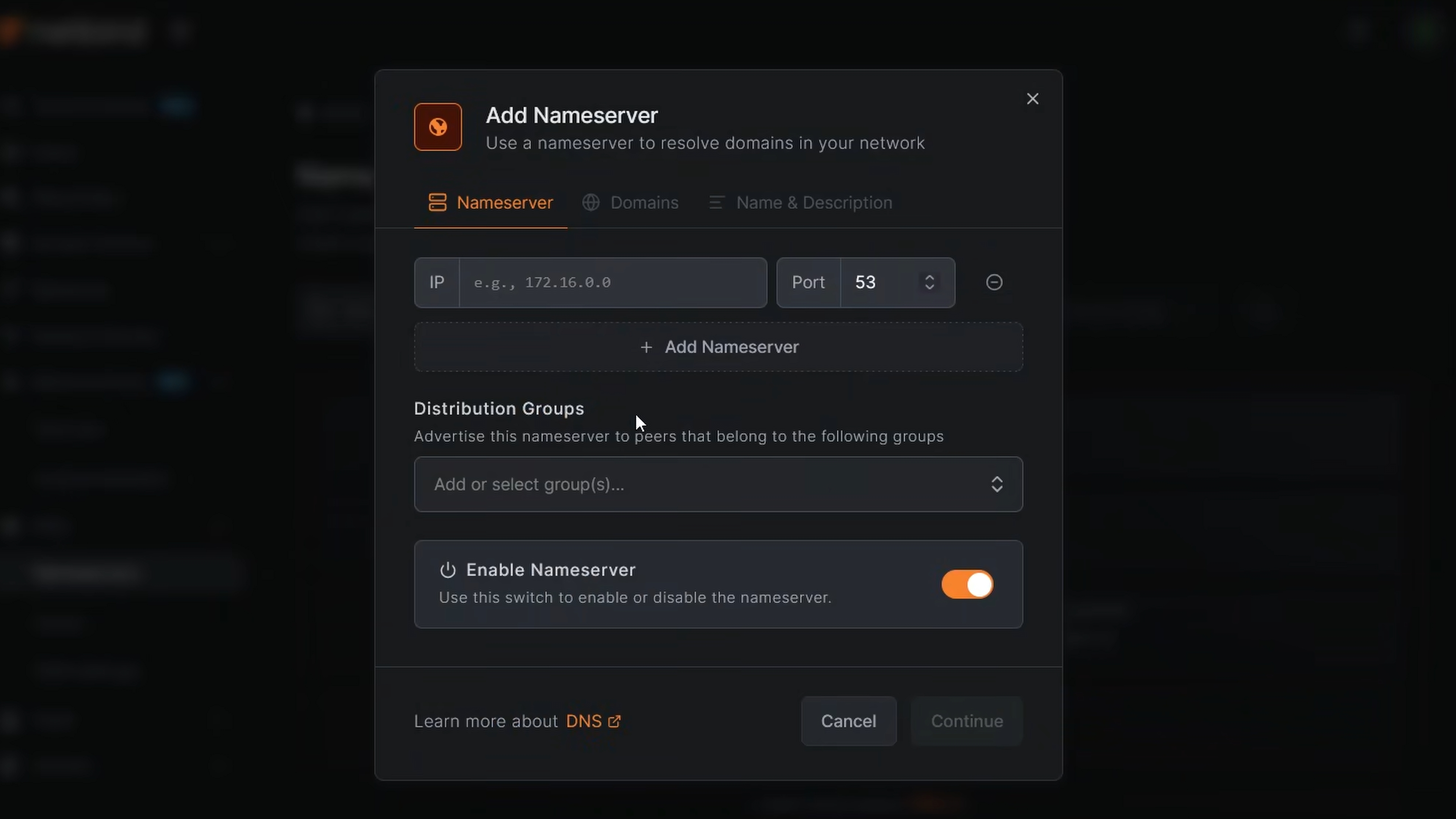 Adding the AdGuard Home nameserver in the NetBird dashboard