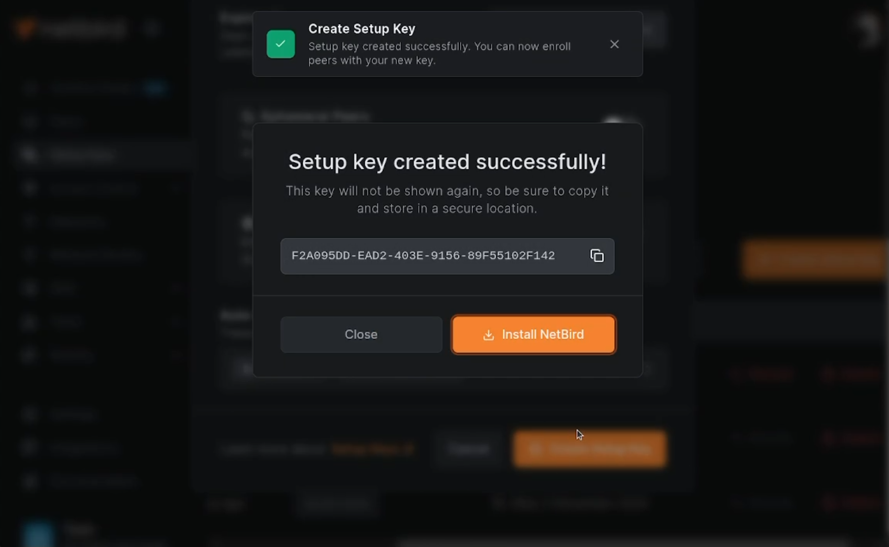 Setup key created in the NetBird dashboard with the Install NetBird button