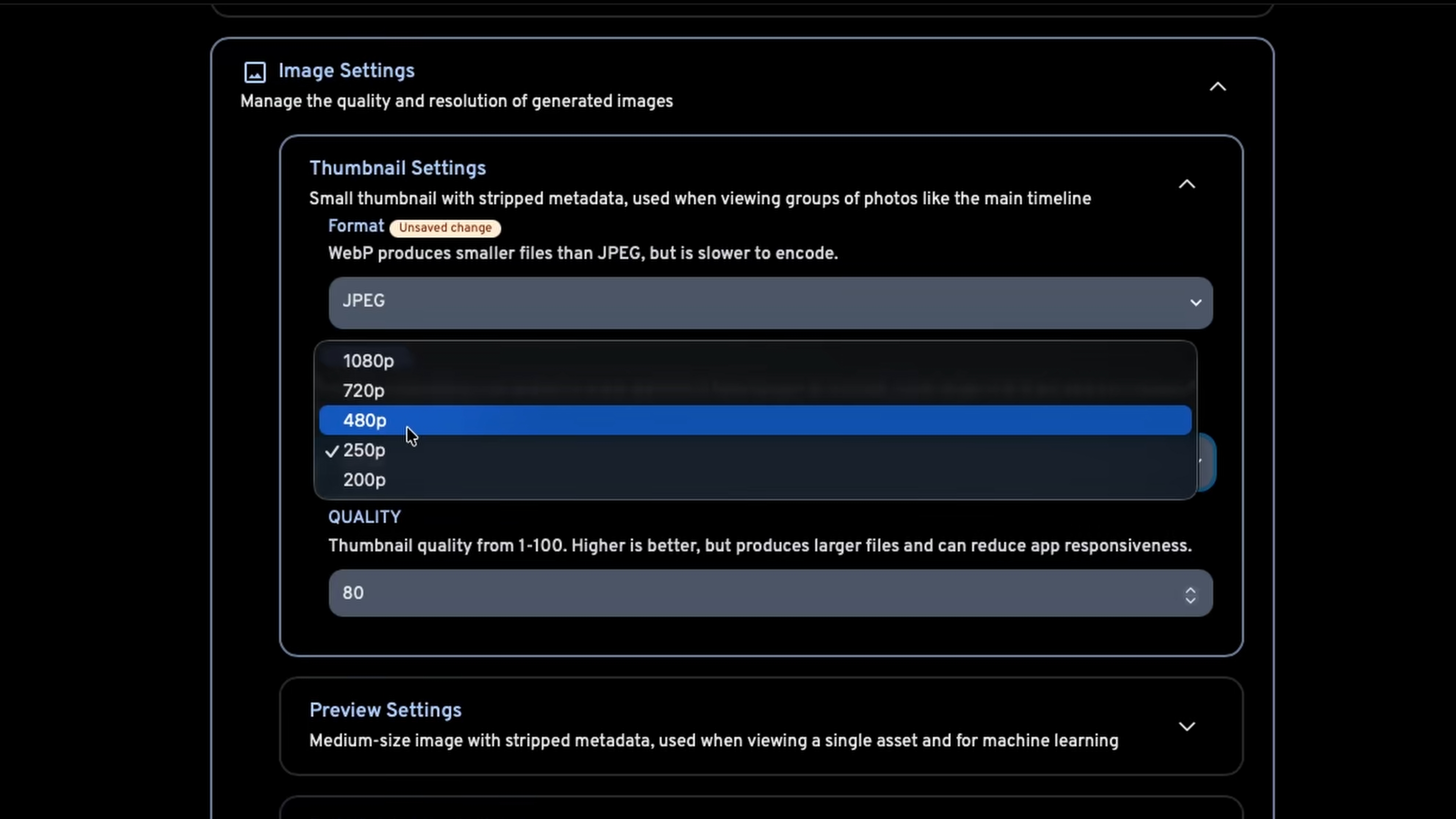 Immich generation settings