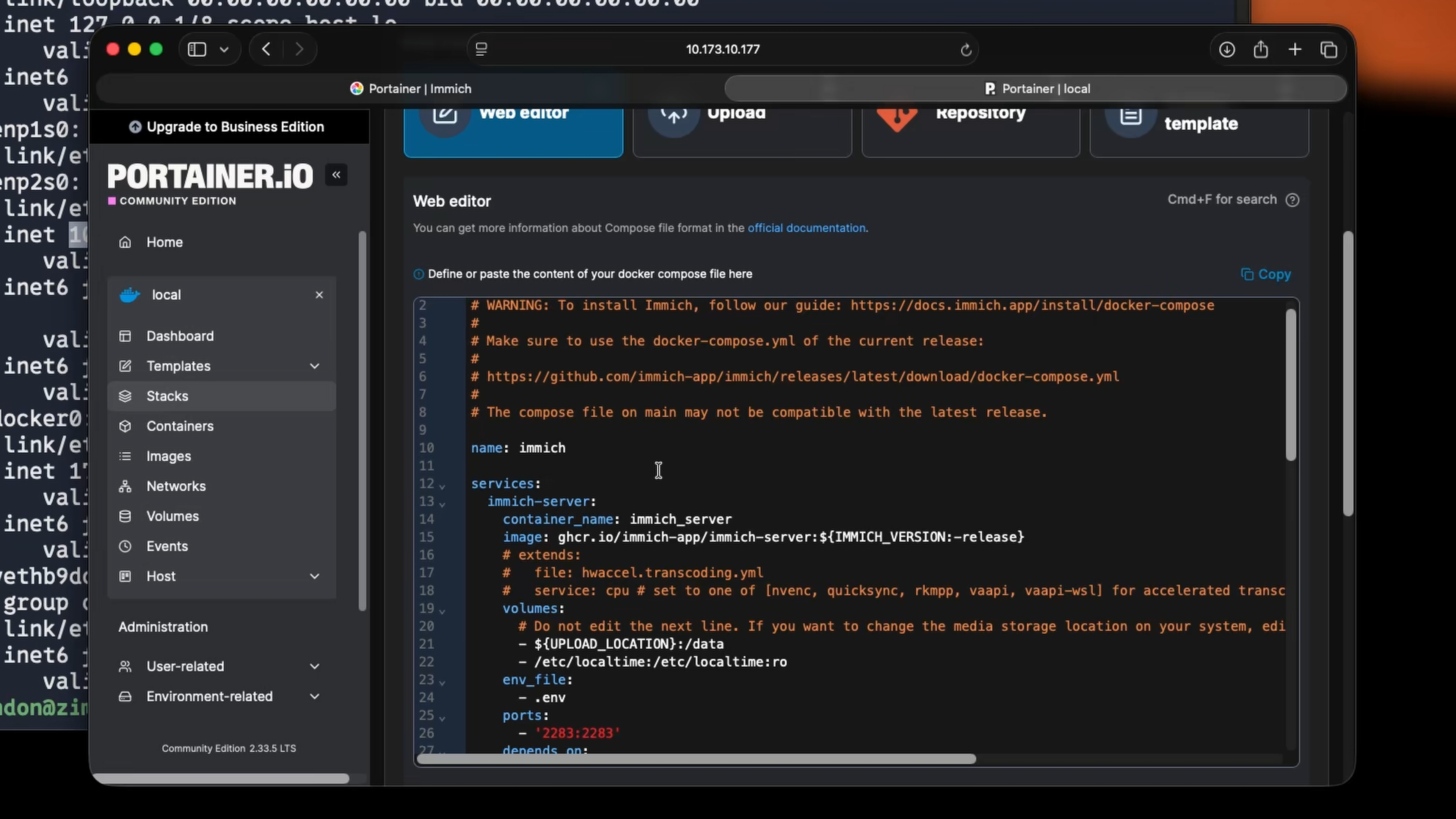 Immich stack Portainer