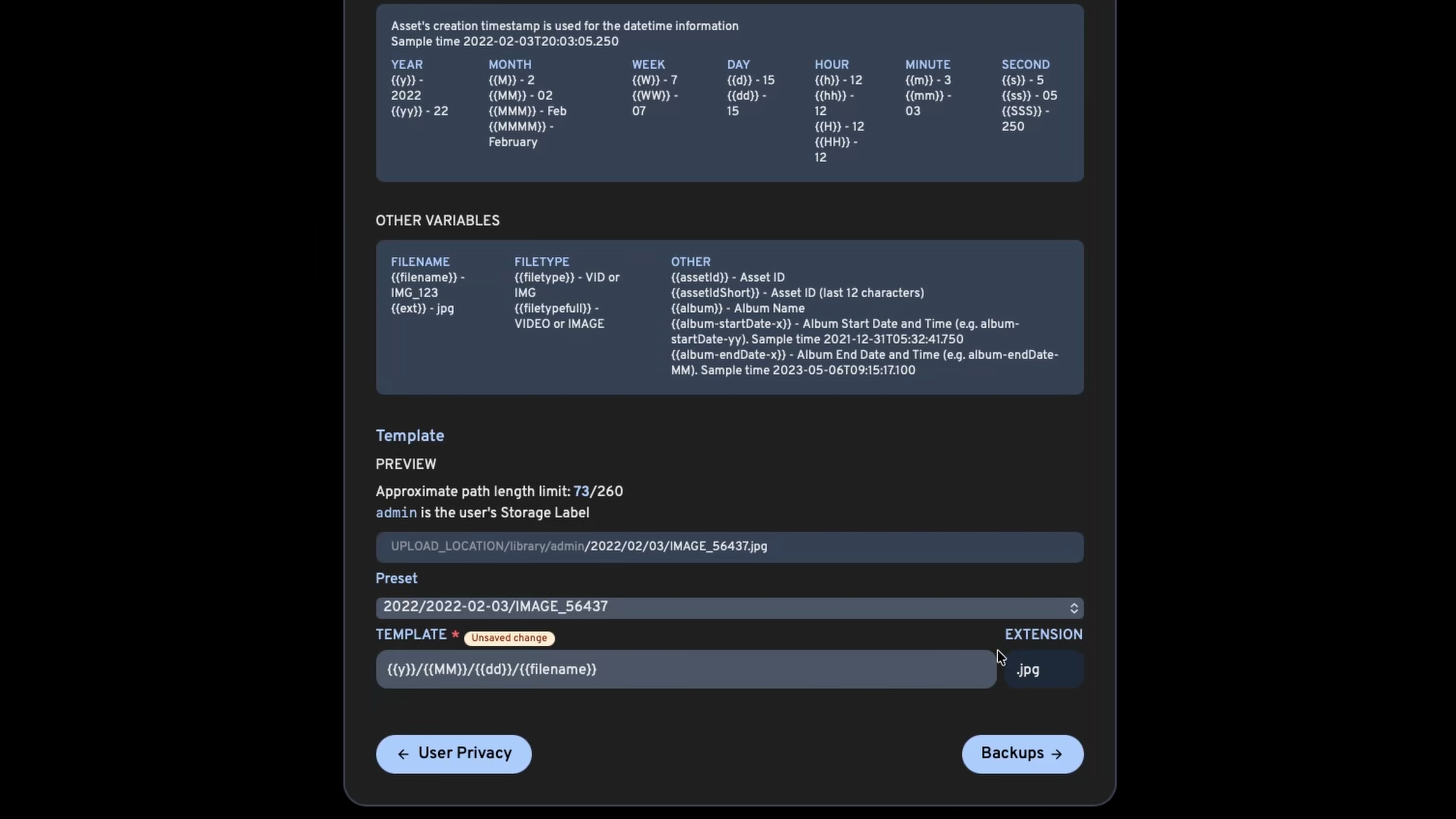 Immich storage template