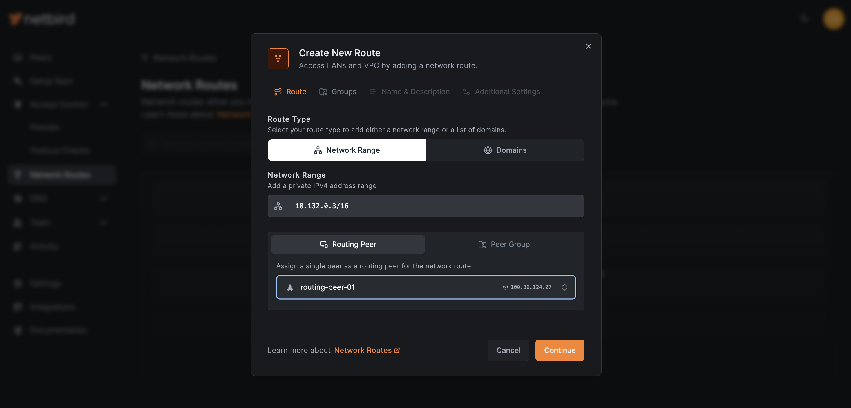 NetBird Network Routes' Route Tab