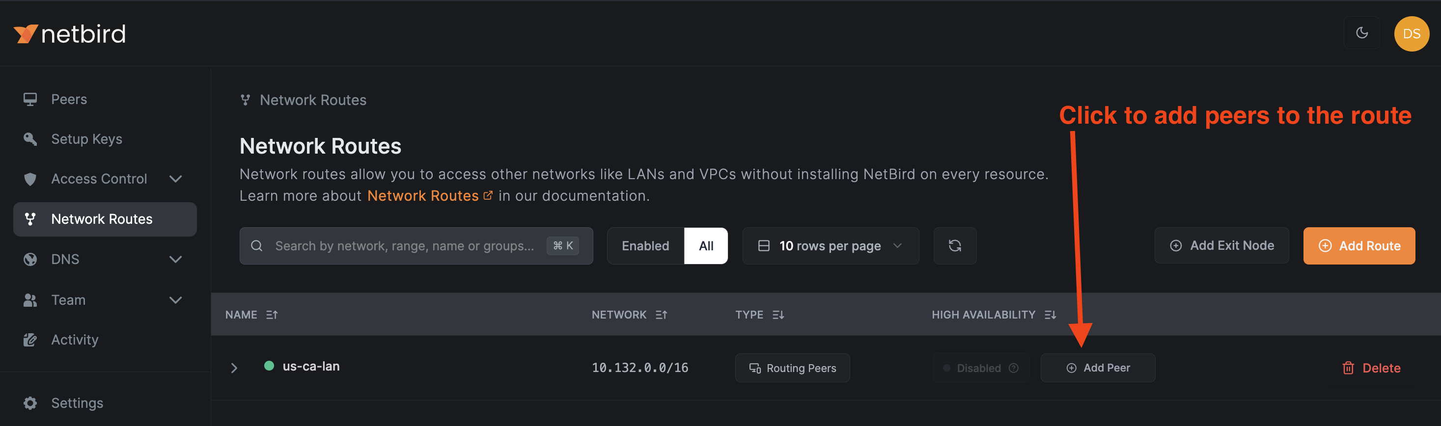 NetBird Routes Add Peer