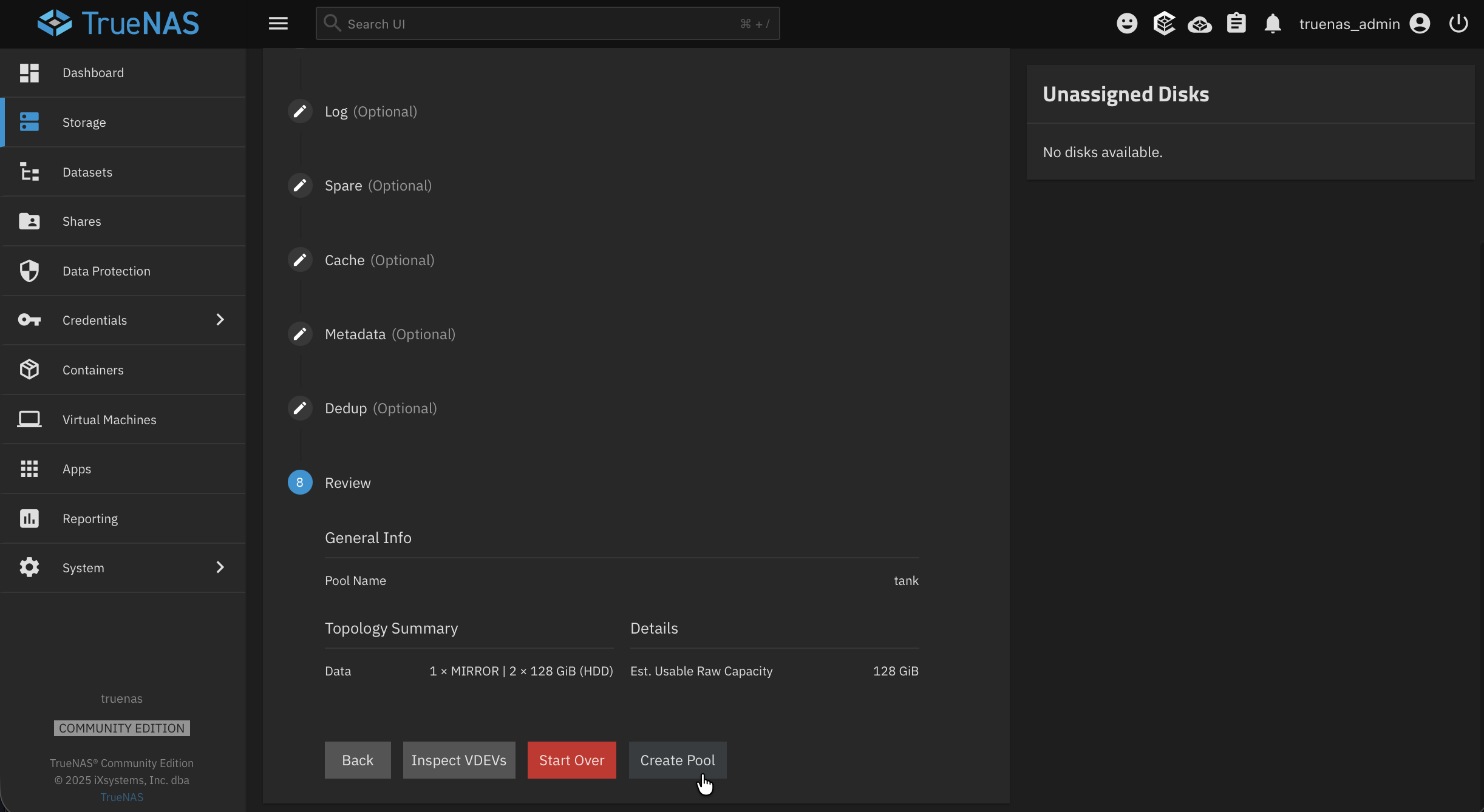 All pool settings before creation