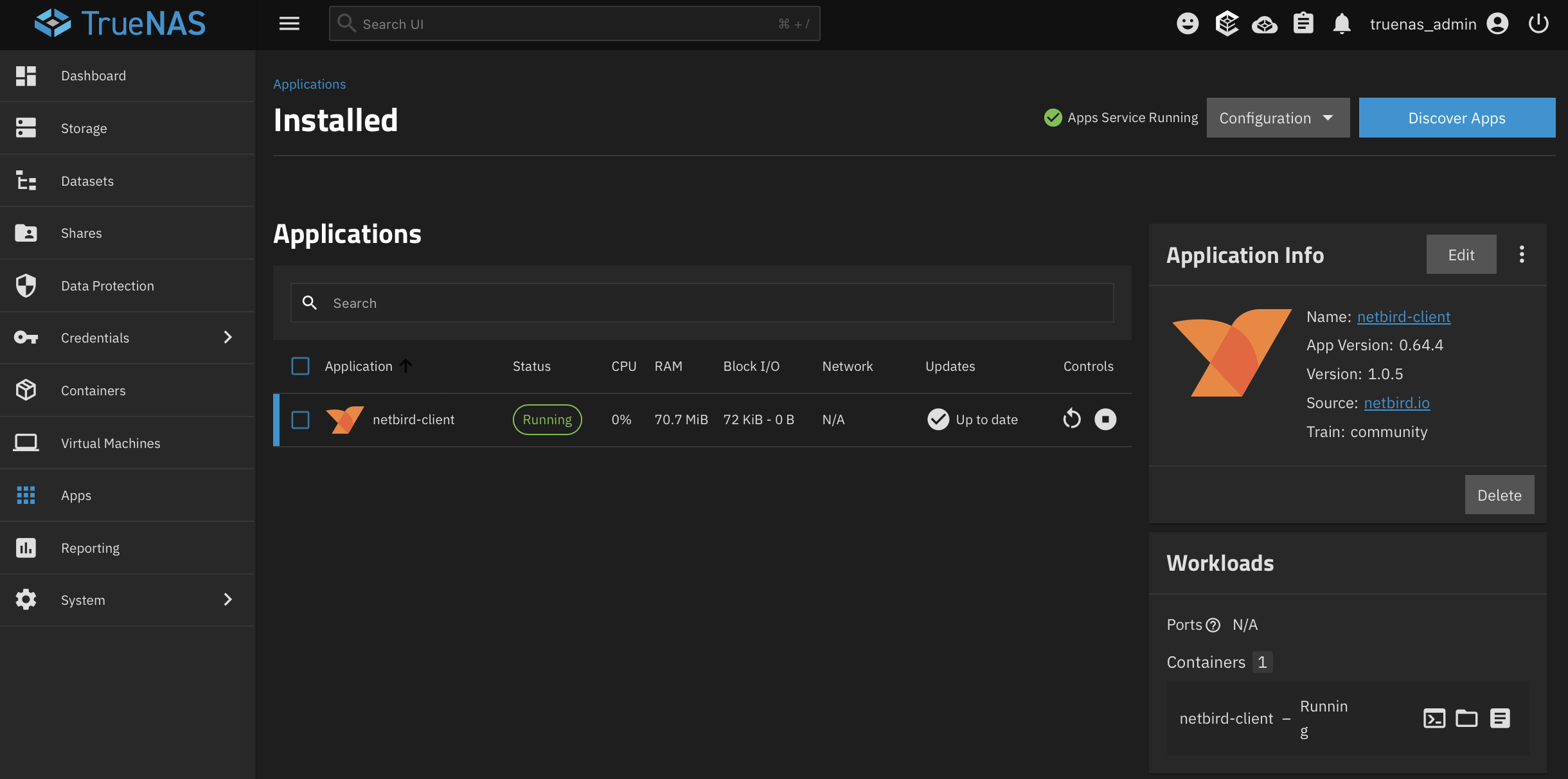 NetBird running in TrueNAS