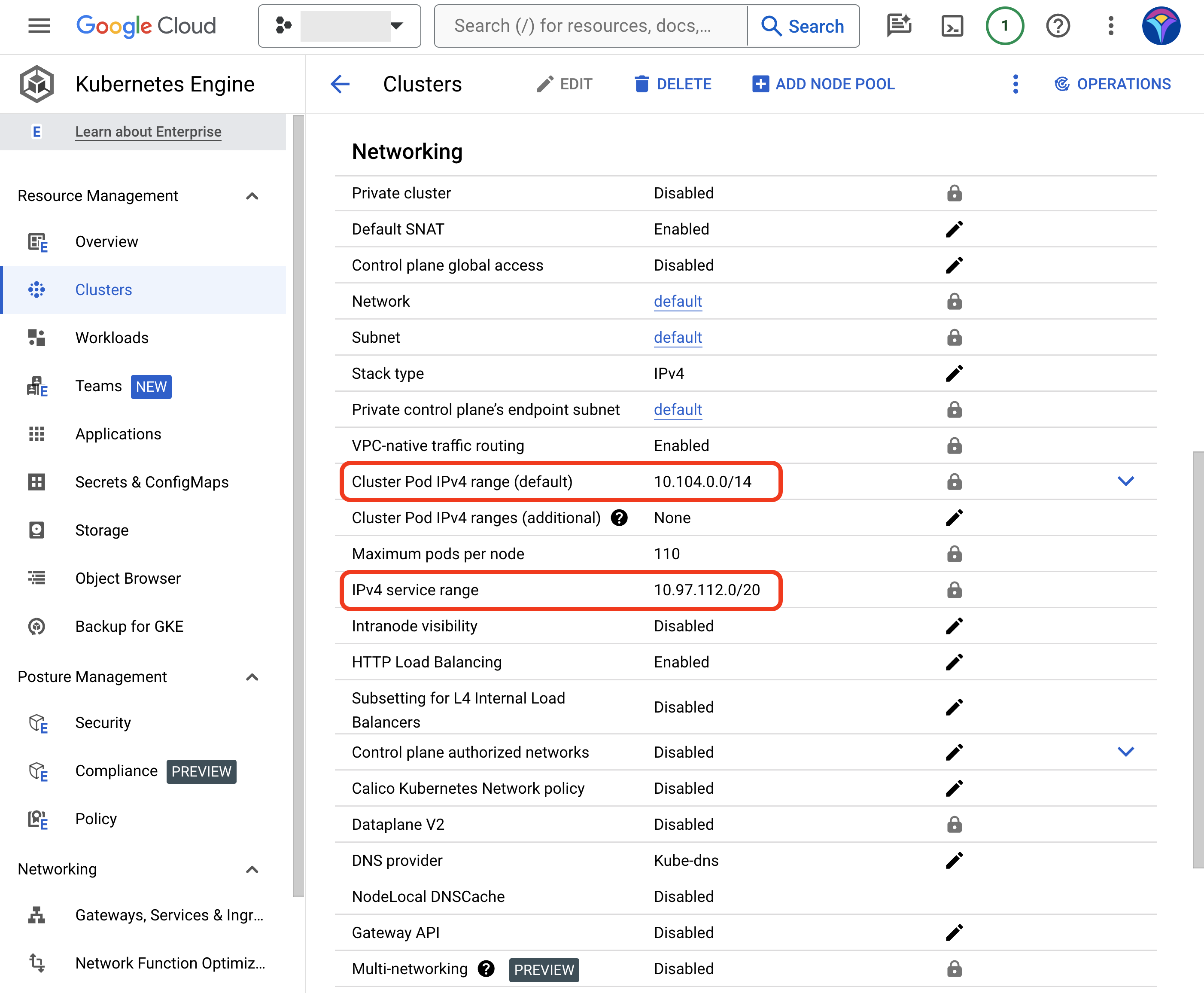 Google console Networking